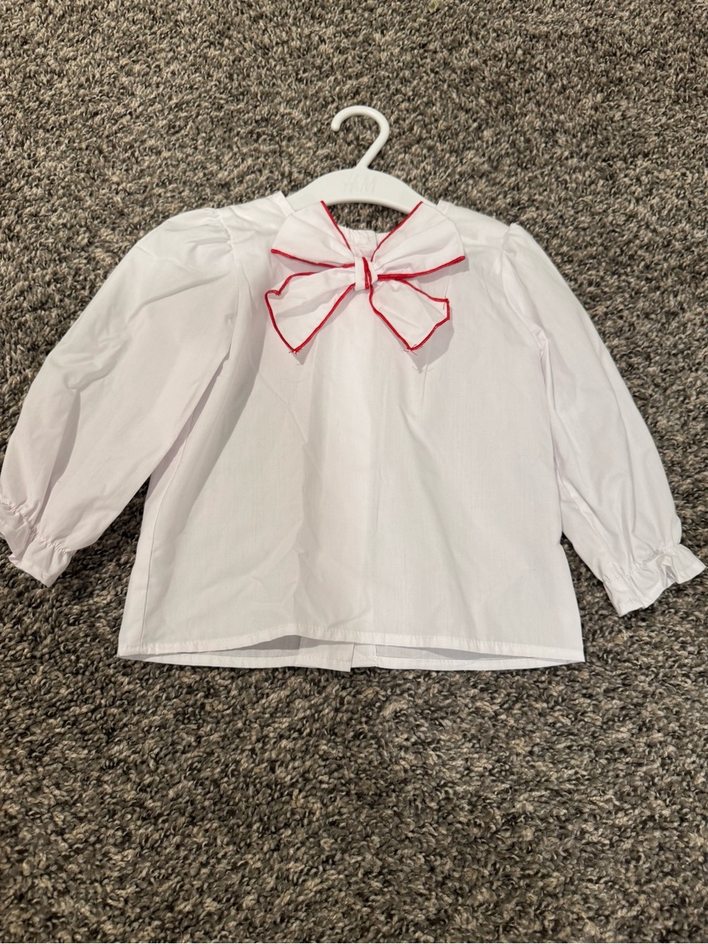 Girls' White Bow Blouse with Red Trim